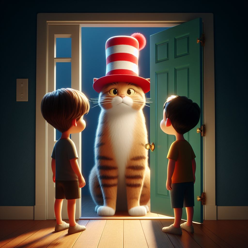 cat standing there with a red and white striped hat atop his head standing infront of a door. Two boy looking at the cat by opening the door
