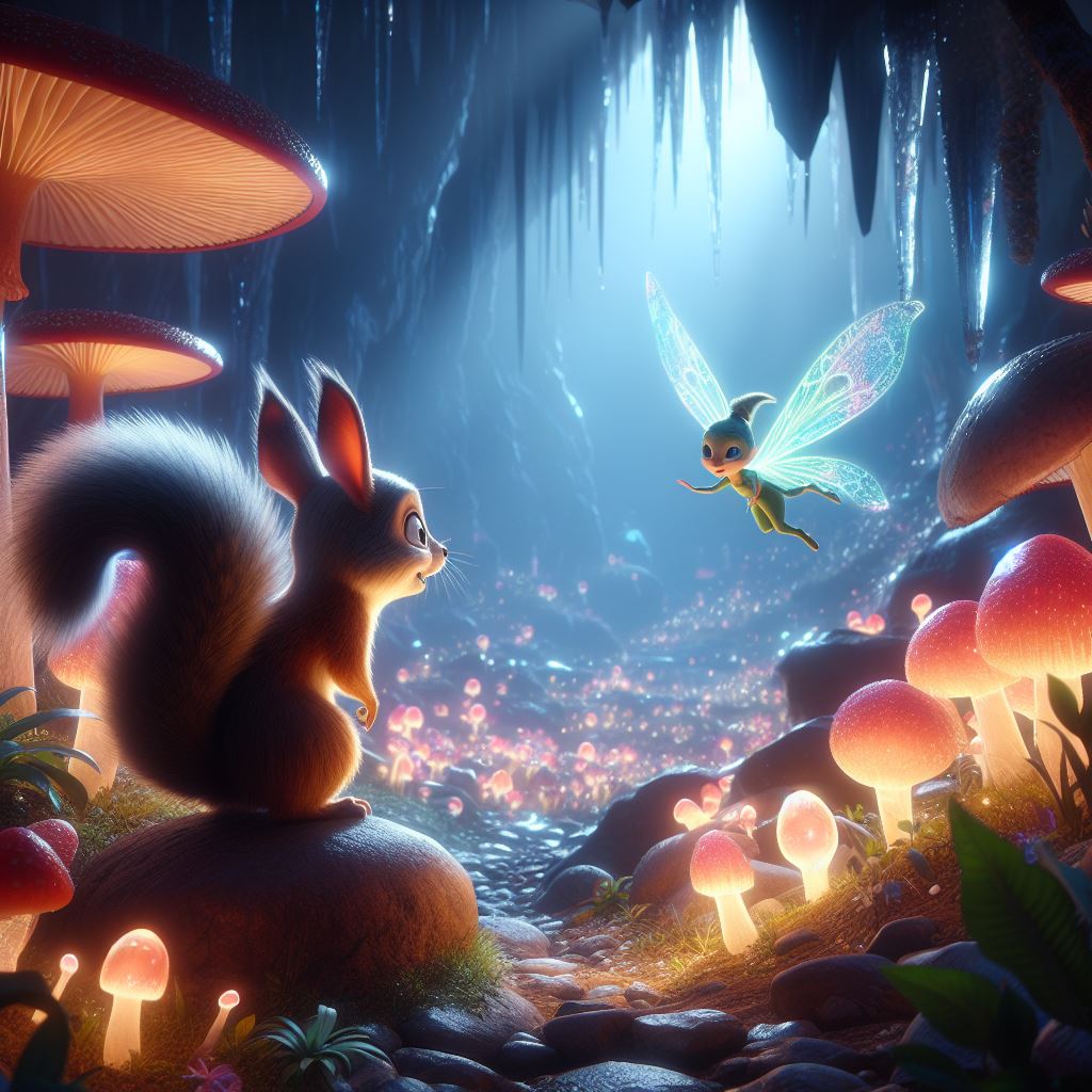 a squirrel and a pixie exploring world filled with glowing mushrooms and shimmering crystals