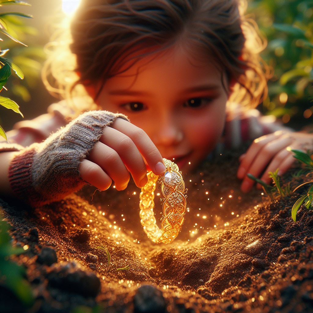 a girl aged 6 found a sparkling object half-buried in the soft earth, a beautiful bracelet woven with shimmering threads of gold and silver
