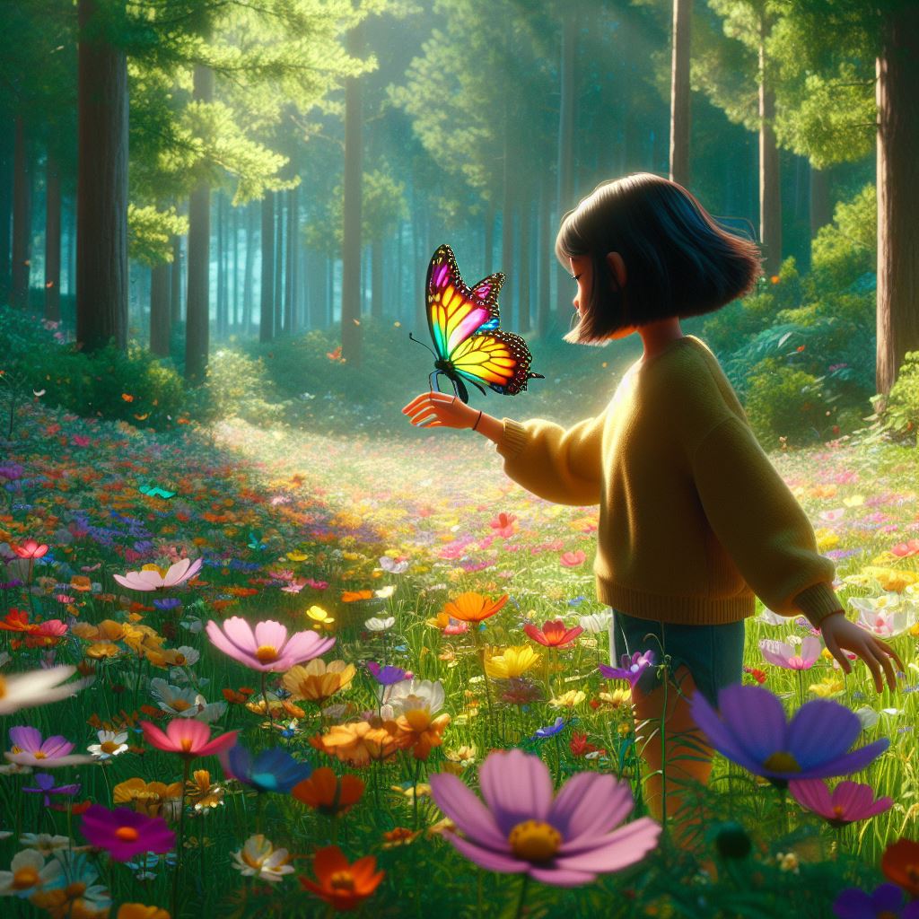 a girl roaming in the forest. a field of flowers in every color imaginable. a uuterfly with rainbow color landed on the hand of the girl