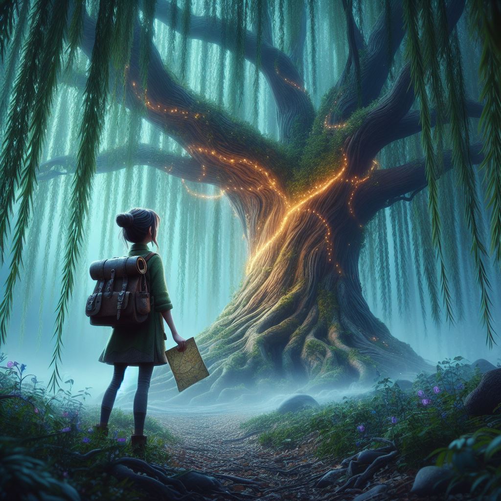 a willow tree in a forest, a girl standing with a magical backpack and a map in her hand Infront of the tree
