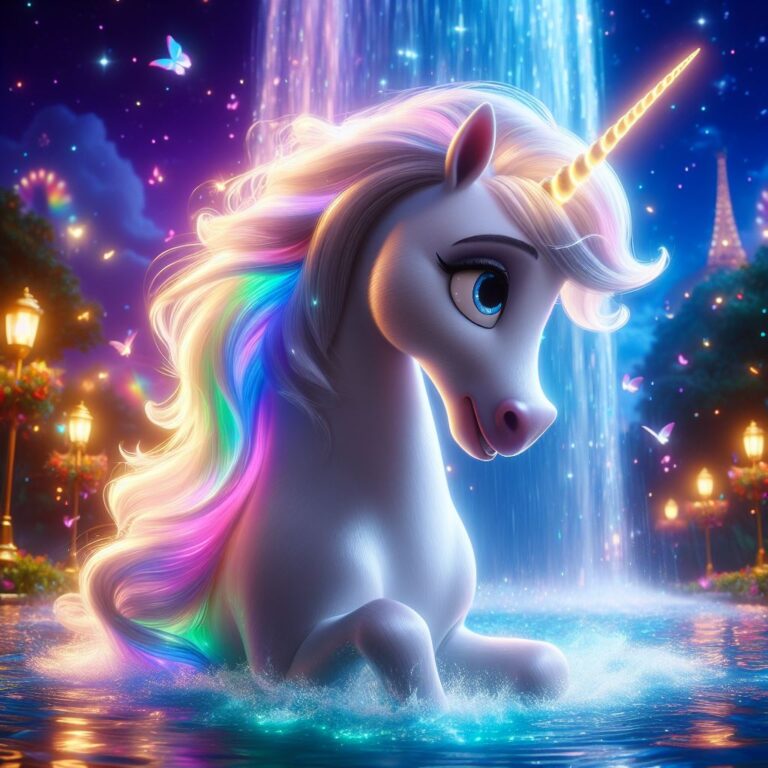 a unicorn, her mane was as soft as silk, her magical horn that glowed with all the colors of the rainbow stands near a fountain shimmered with a magical glow
