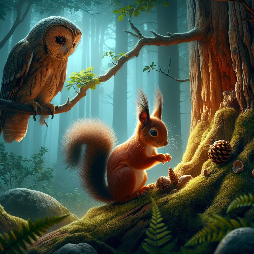 a Squirrel searching something in a forest and an owl is sat on a old oak tree looking at the squirrel