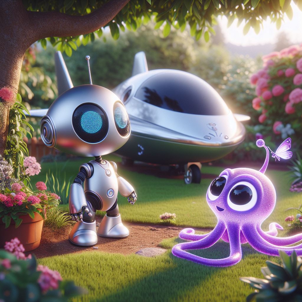 a cute robot in his garden, and a shiny silver spaceship parked right in his garden, a tiny purple alien with big, glowing eyes and tentacles that shimmered in the sunlight standing next to the spaceship