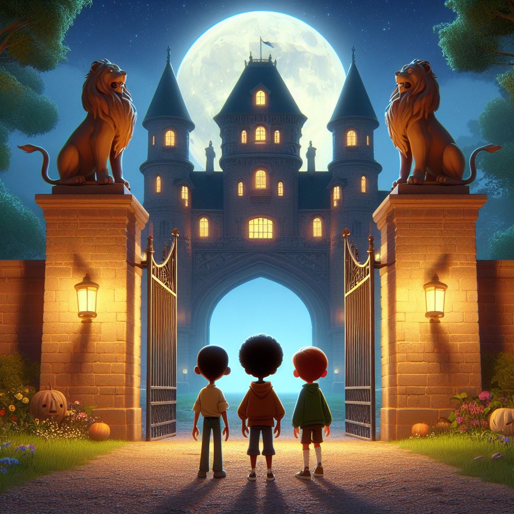 a manor has towering gate, two statues before the gate, three kid aged 12 are standing infront of the manor gate, night time with moon visible
