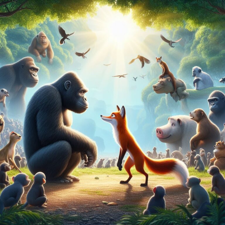 animals meeting together, an ape and fox in the middle of the meeting place