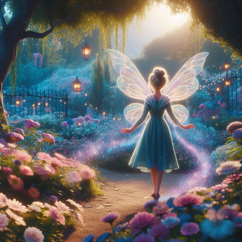in an enchanted garden a fairy has sparkling wings spreading fairy dust on the flowers