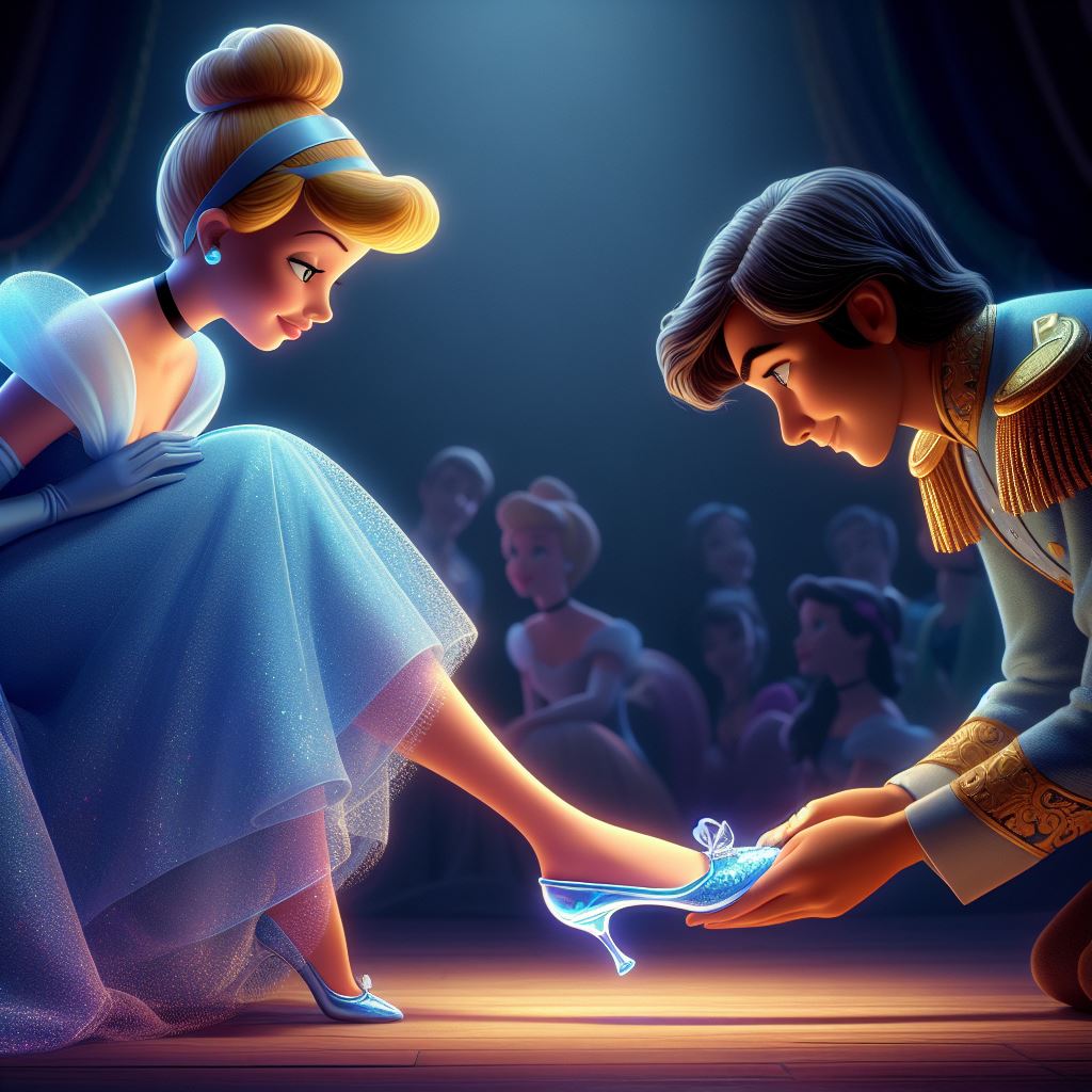 Cinderella wearing glass slipper from the prince