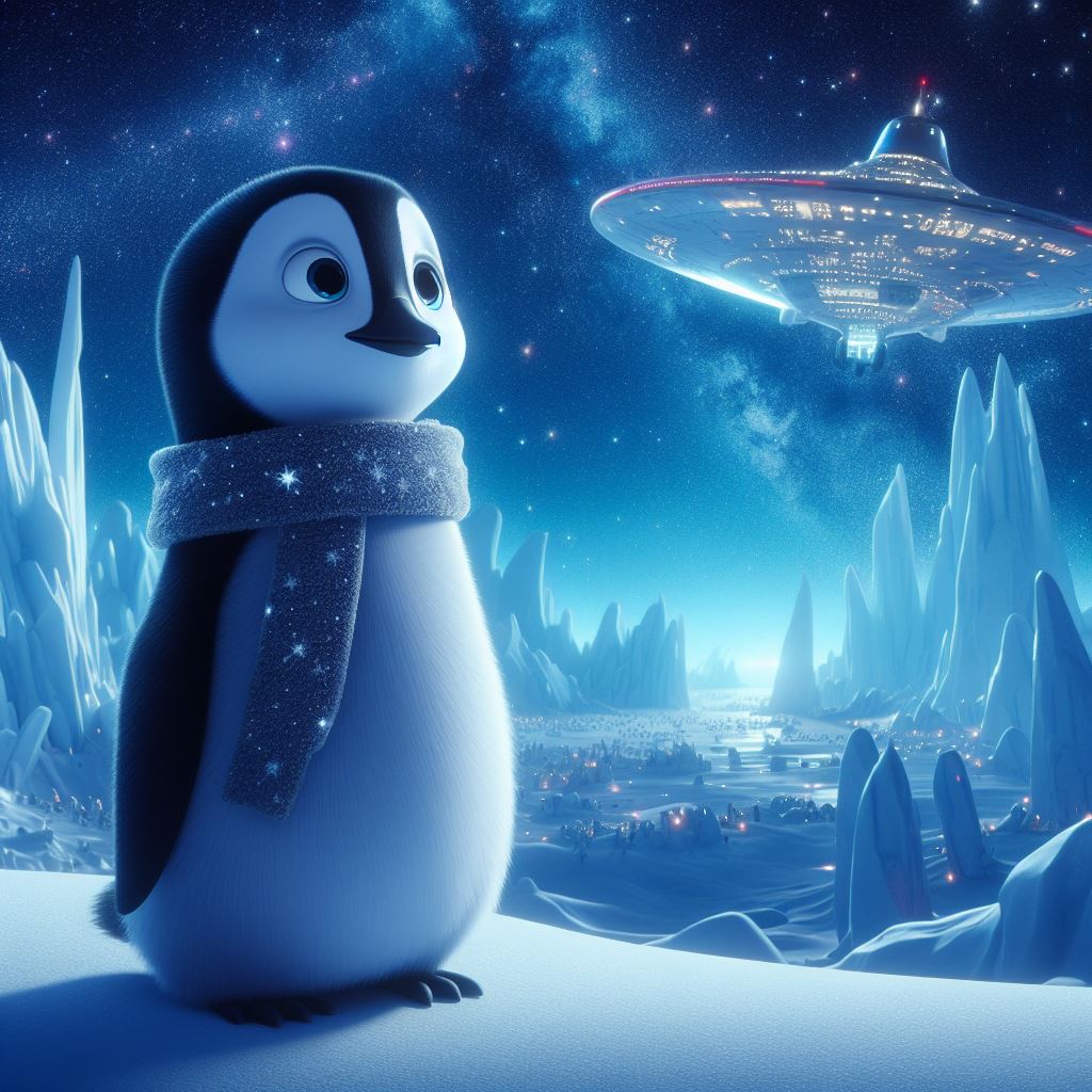 a penguin on a frosty planet with iceberg around, stargazing at night, a shiny silver spaceship was flying on the sky