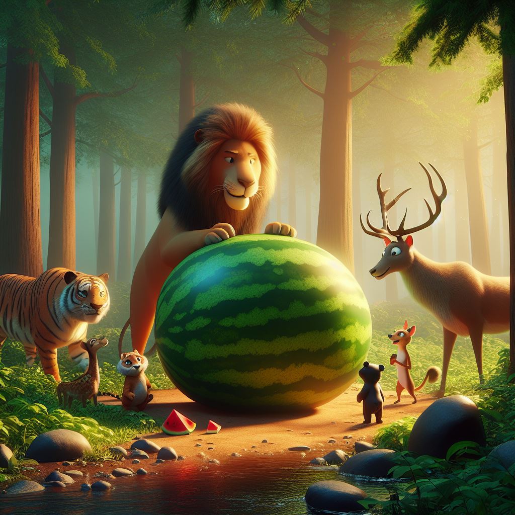 in a forest, a big watermelon is lying lion tiger Deer and bear standing around that watermelon
