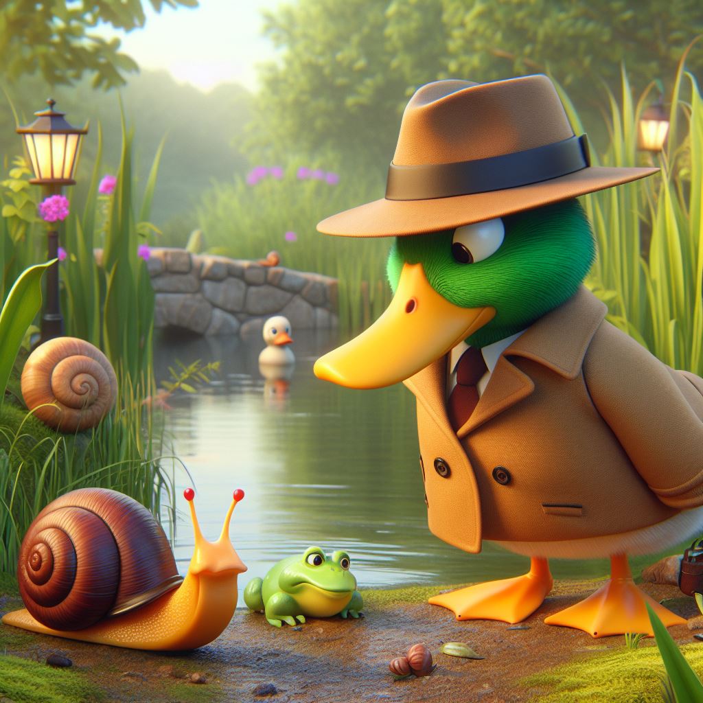 a detective duck near a pond, a snail and frog is also near the pond