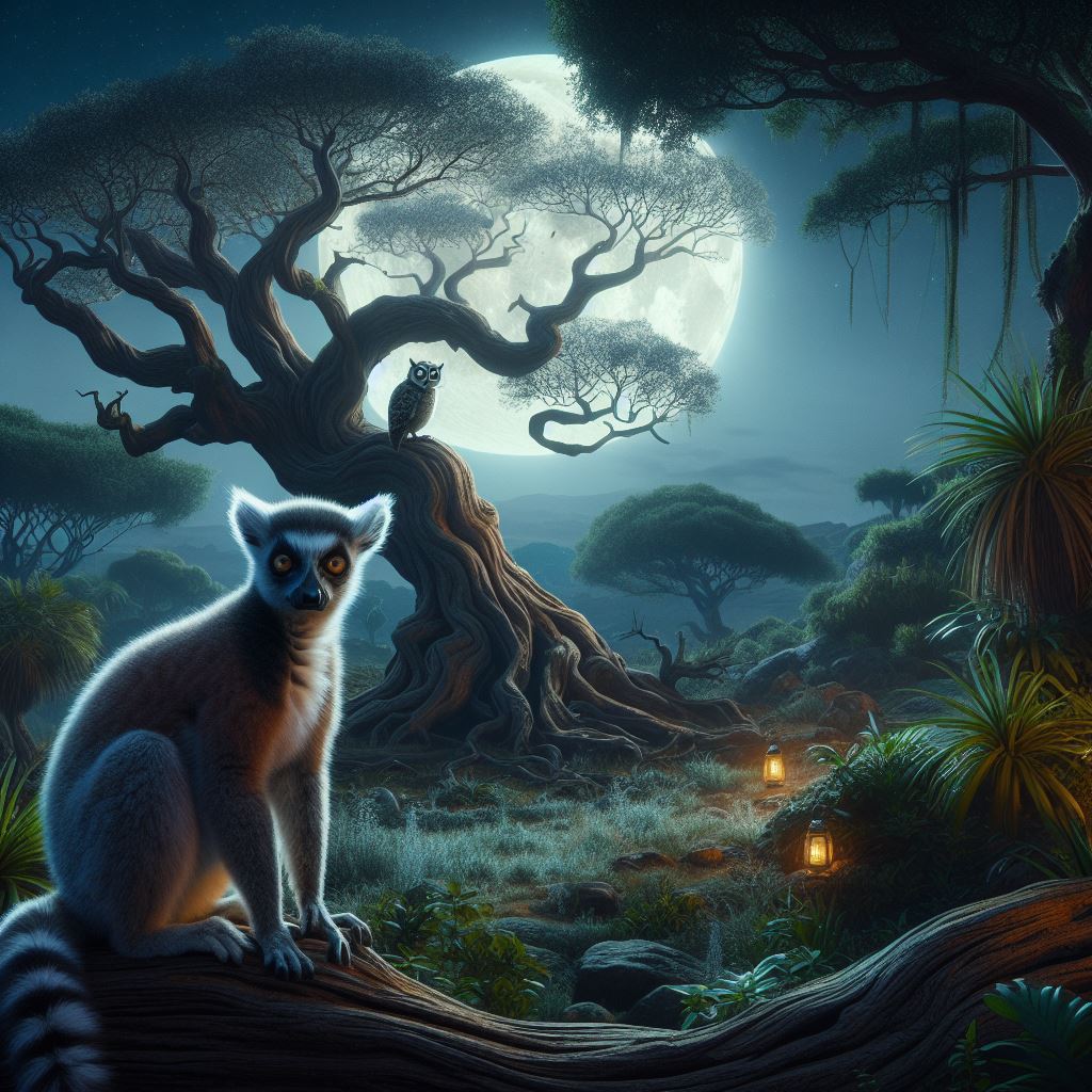 a lemur is infront of a old tree in Madagascan rainforest at a moonlit night, a owl is sat on a branch of the tree
