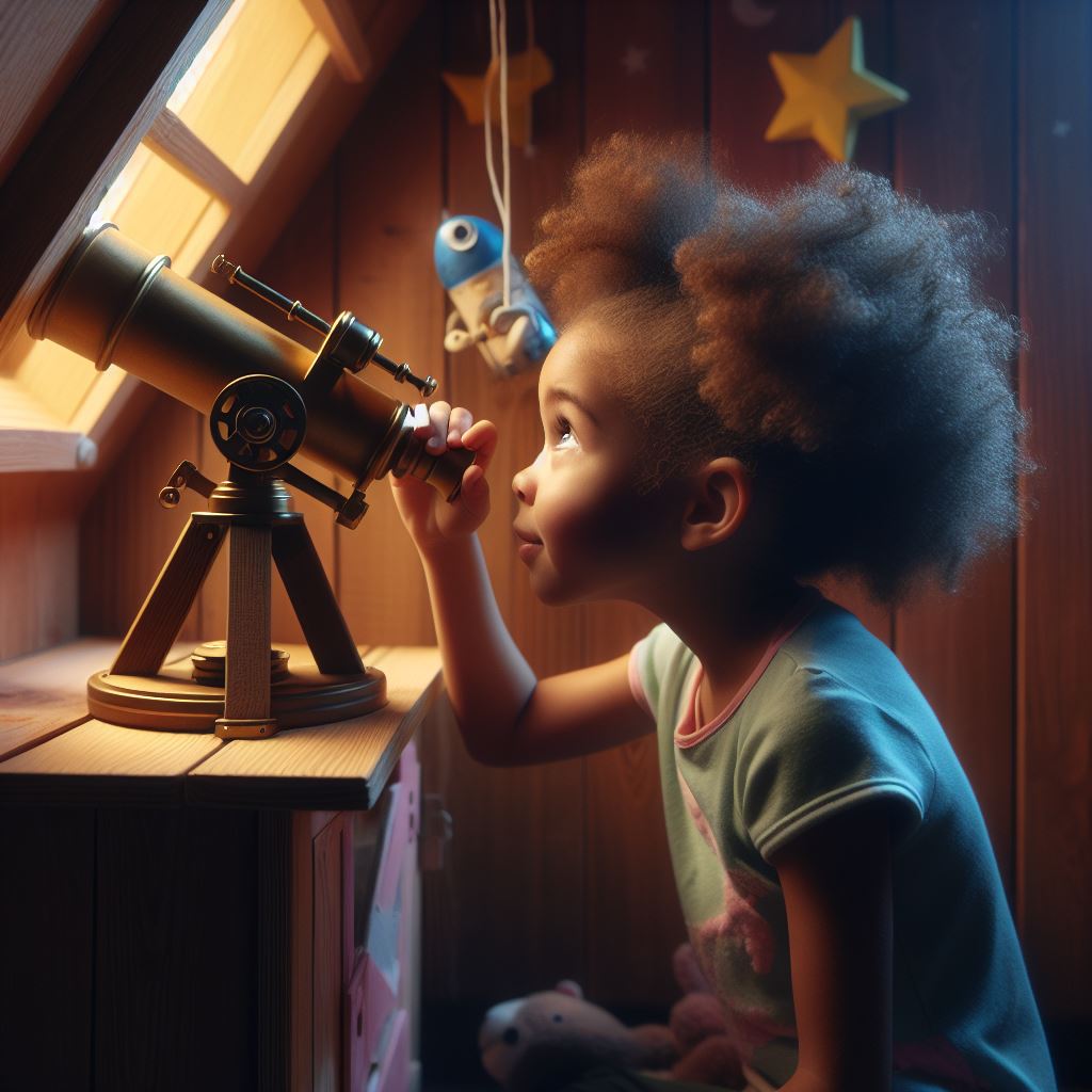 a girl aged 5 looking in a telescope from her wooden clubhouse
