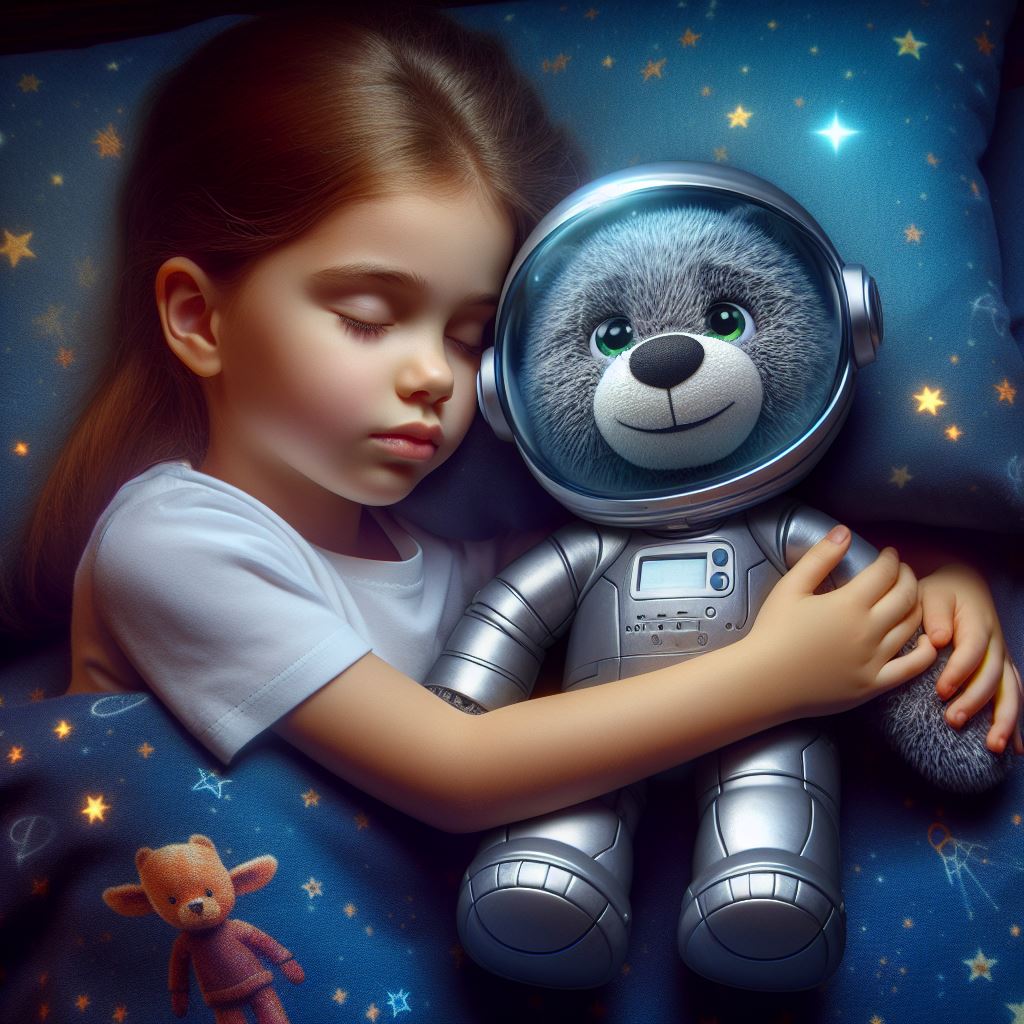 a girl aged 5 sleeping with a space teddy bear with a shiny silver suit and a tiny helmet