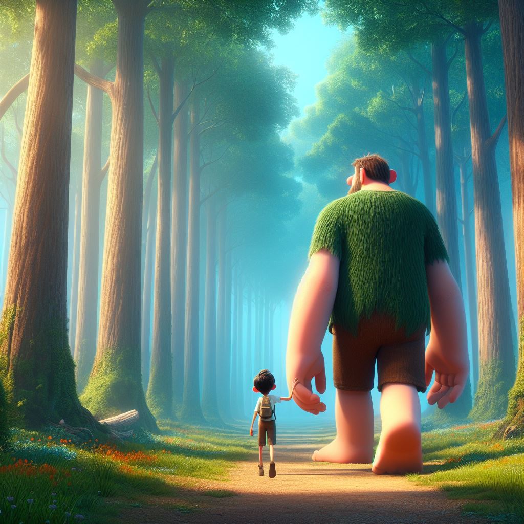 a boy and a friendly giant walking in a forest where trees are as high as the sky