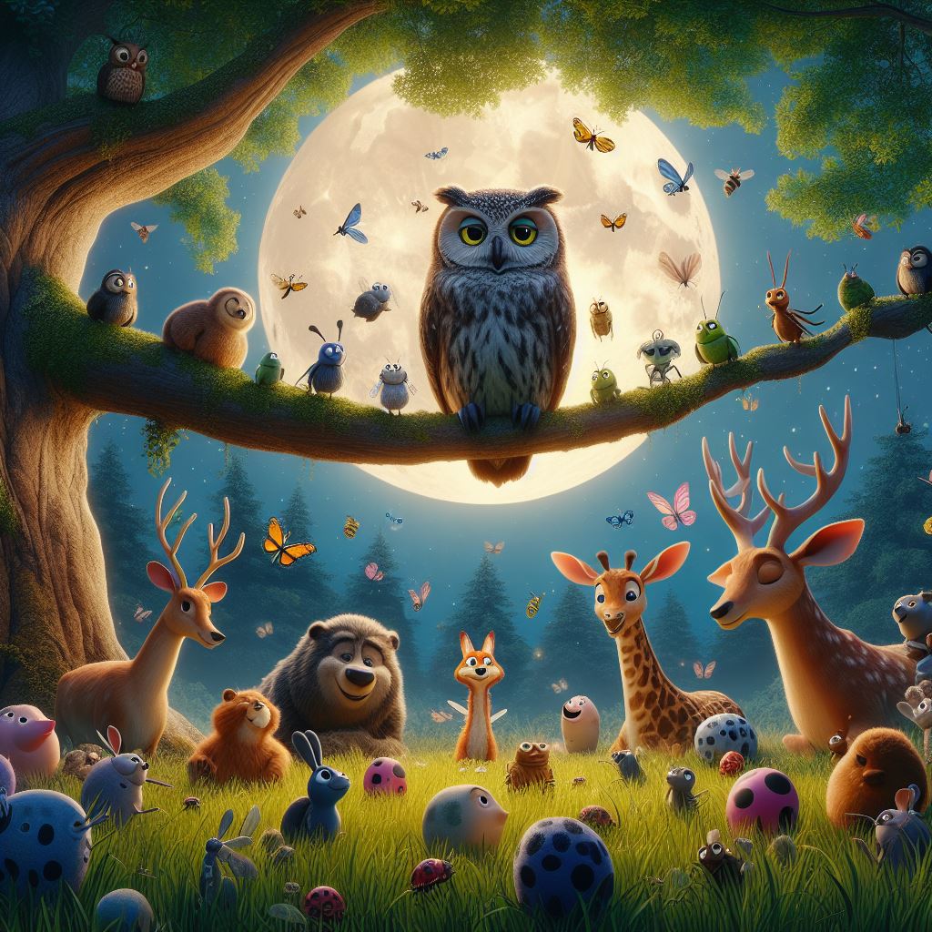 on a full moon evening, all the animals and insects gathered around a tree where a wise owl sat
