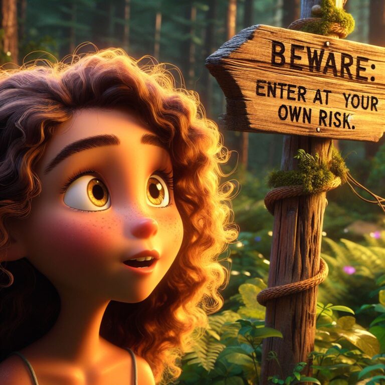 a girl with curly hair as golden as the sun and eyes as bright as the stars, looking at an old, weathered signpost pointing deep into the forest. The sign read: "Beware: Enter at Your Own Risk."