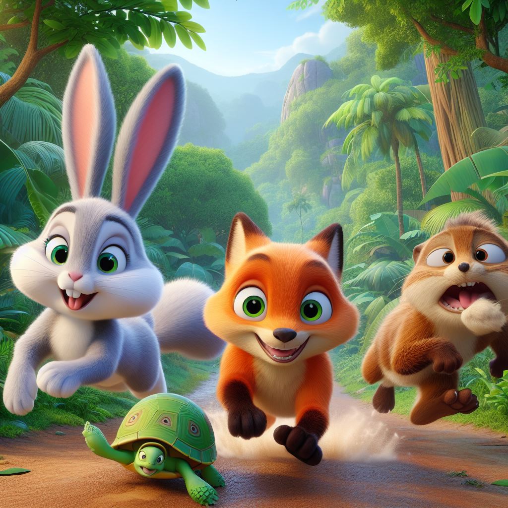 four animals, one bunny, one squirrel, one turtle and one fox racing in the jungle path