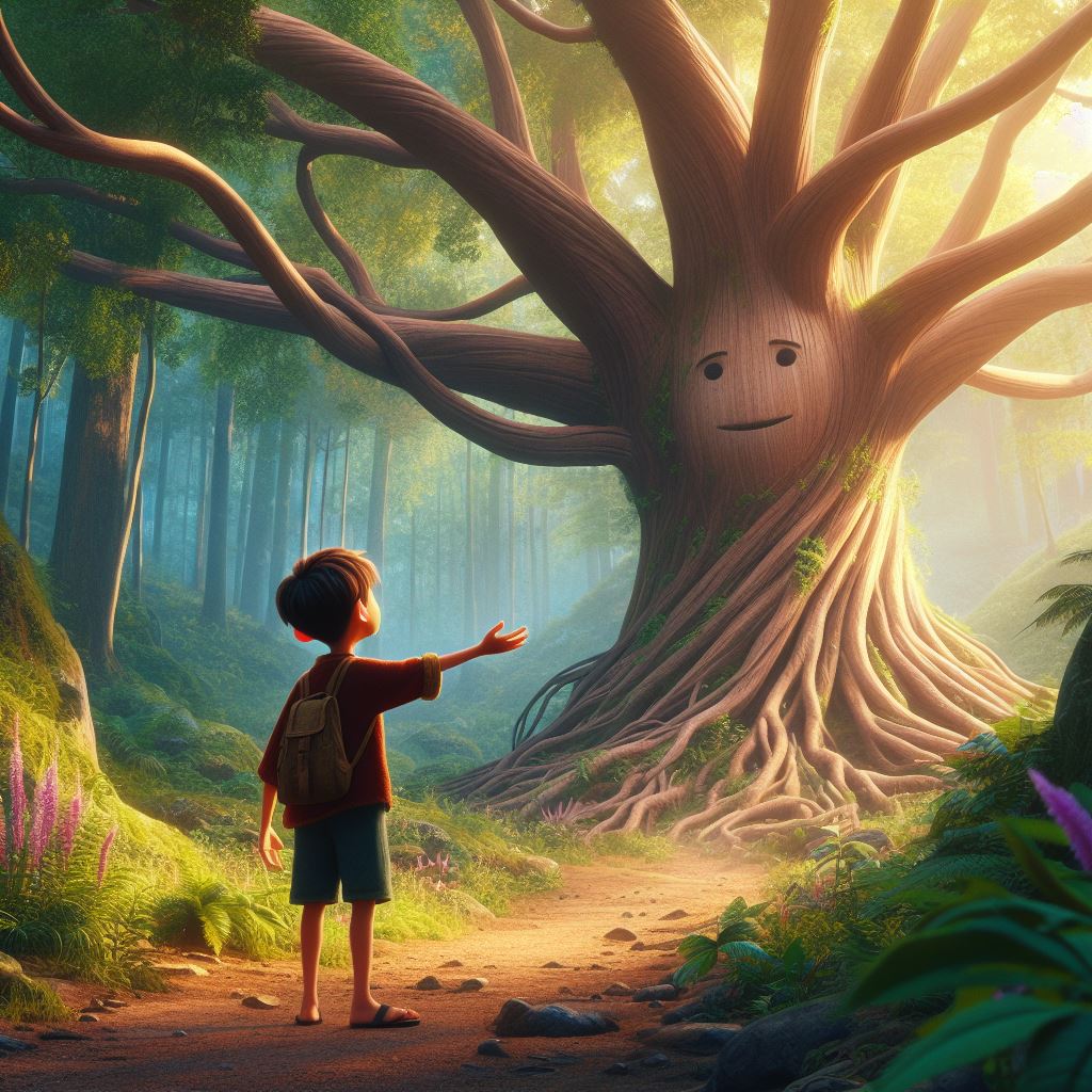 a boy walking in the forest found a tree that can talk and which has branches stretched out like welcoming arms,