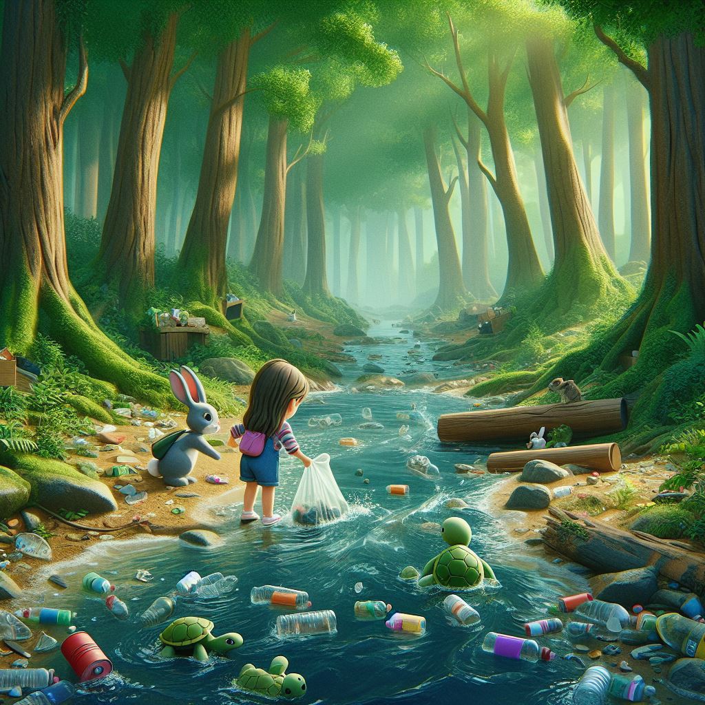 a river inside a forest getting dirty with trash, a little girl with one rabbit and one turtle trying to collect trash from the river