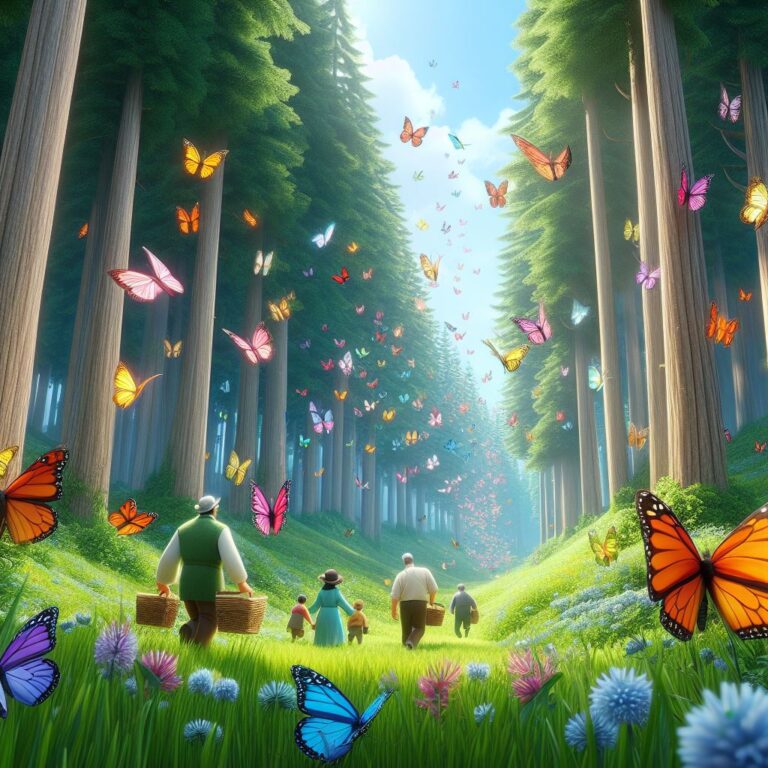 colorful butterflies flying in a lush green meadow nestled between towering trees and five to ten men coming from far with basket in hand
