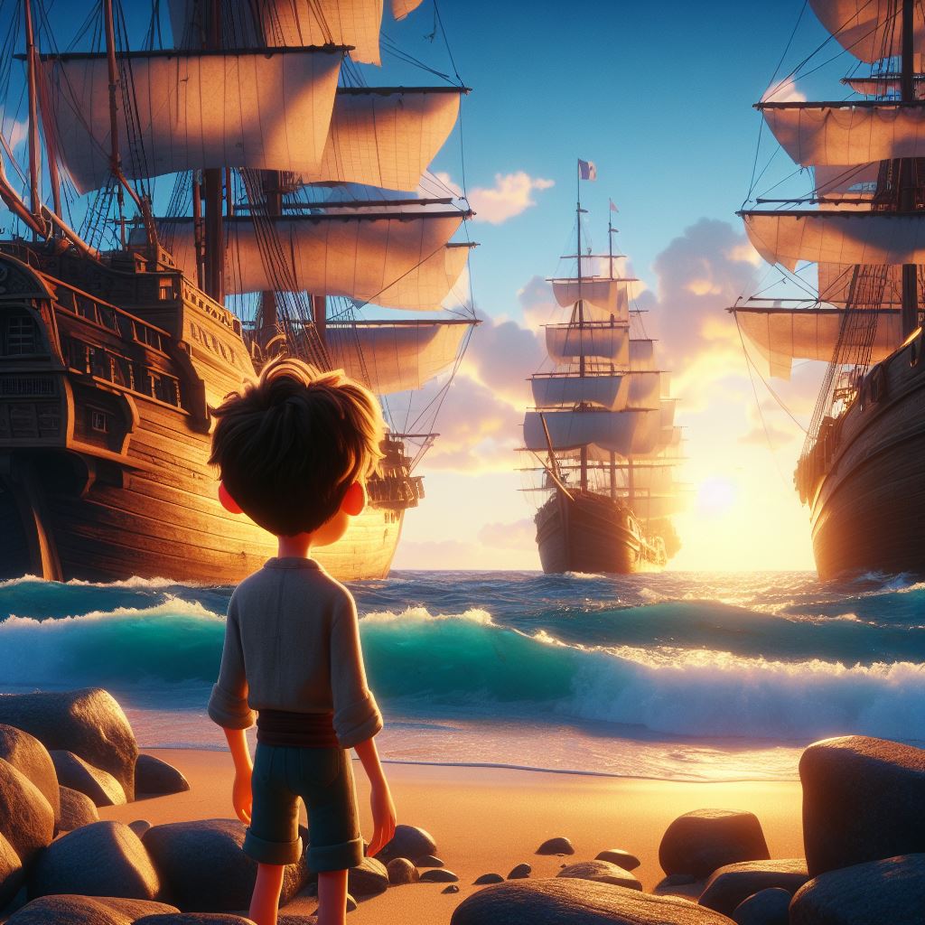 a boy aged 12 gazing at the big, wooden ships anchored by the shore
