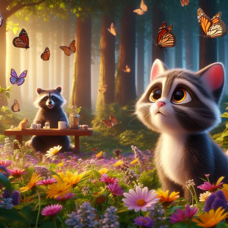 a kitten looking with wide open eyes to a group of butterfly over flowers in a forest, in the far a raccoon drinking tea