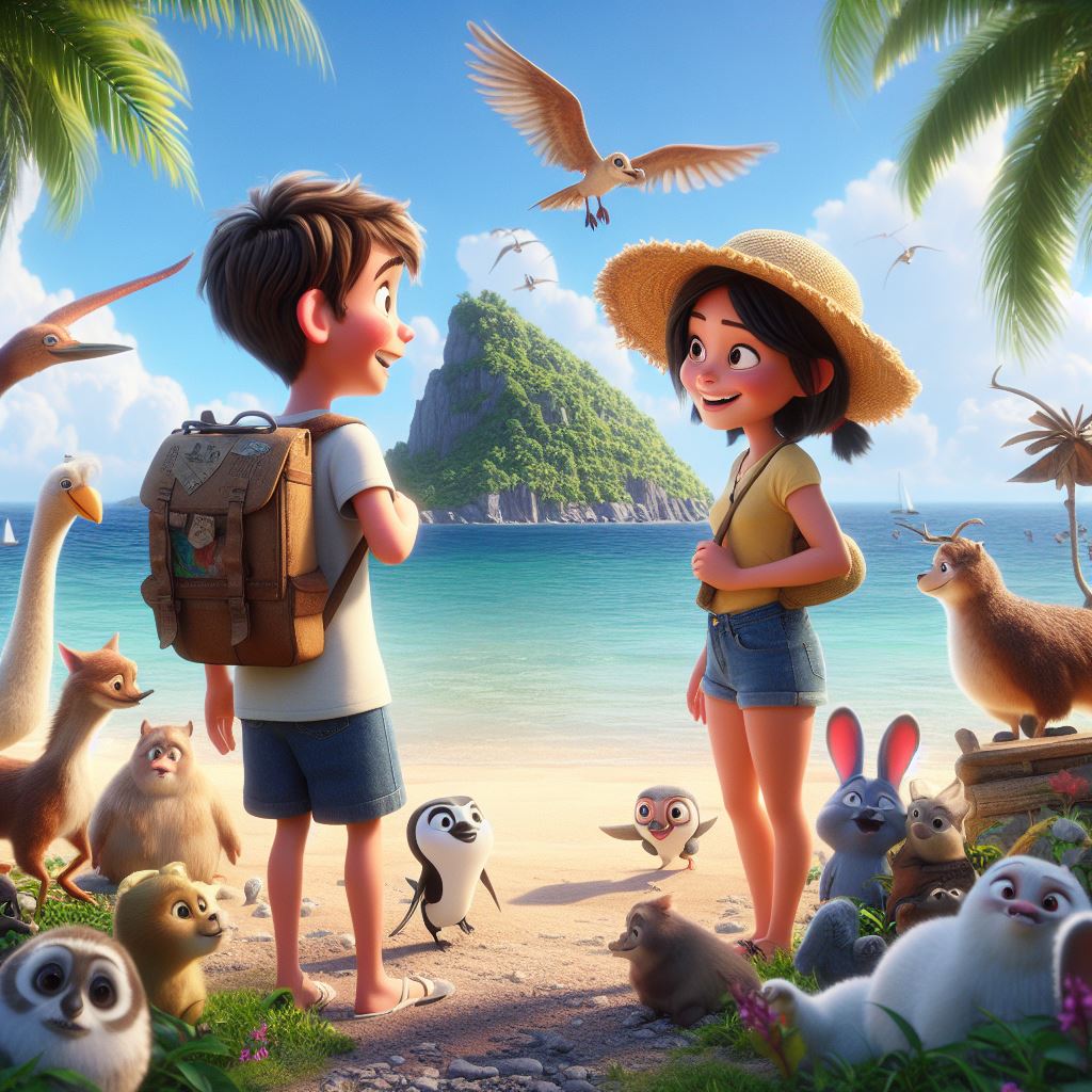 two friends (one boy and one girl) arriving an island and they see all the animals on the island are friendly