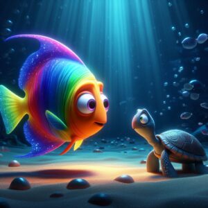 a rainbow fish which has all the colors of rainbow in his body, talking with a turtle in the deep of the ocean at night