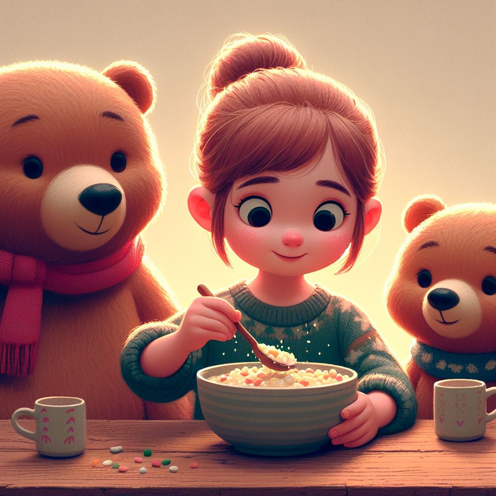 a grl is eating porridge with three cute bears