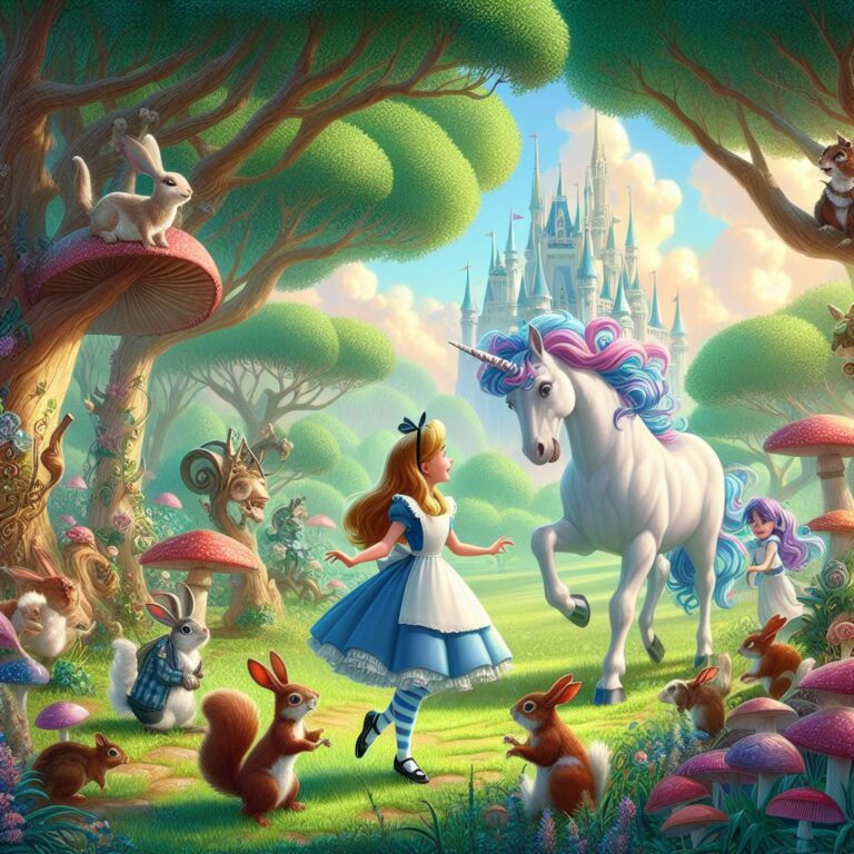 alice in wonderland with unicorn, Squirrels, rabbit and high trees