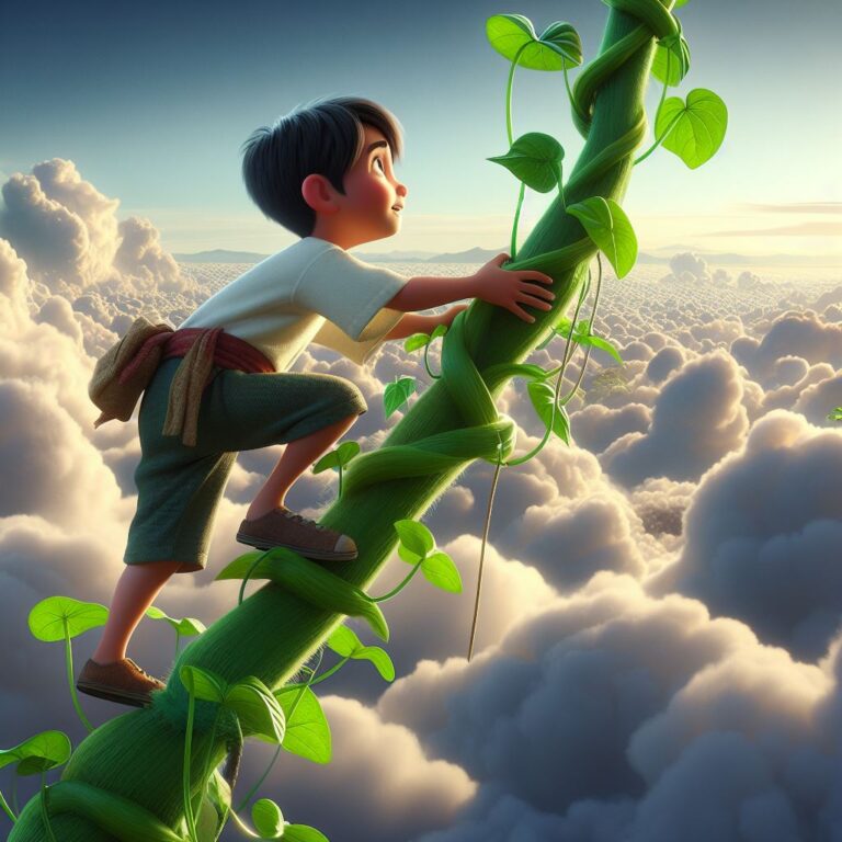 a boy climbing a beanstalk higher as cloud