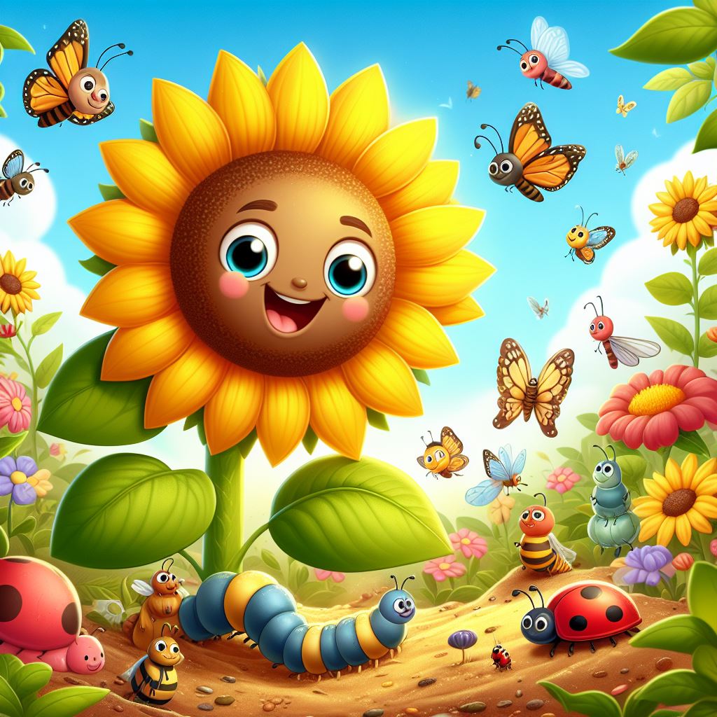 a sunflower smiling in a garden and the bees, butterflies, ladybugs, and the earthworms around the flower