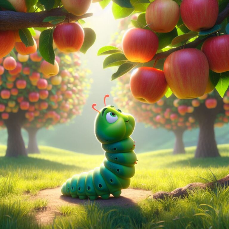 a caterpillar is looking at a beautiful apple tree with the most delicious-looking apples hanging from its branches