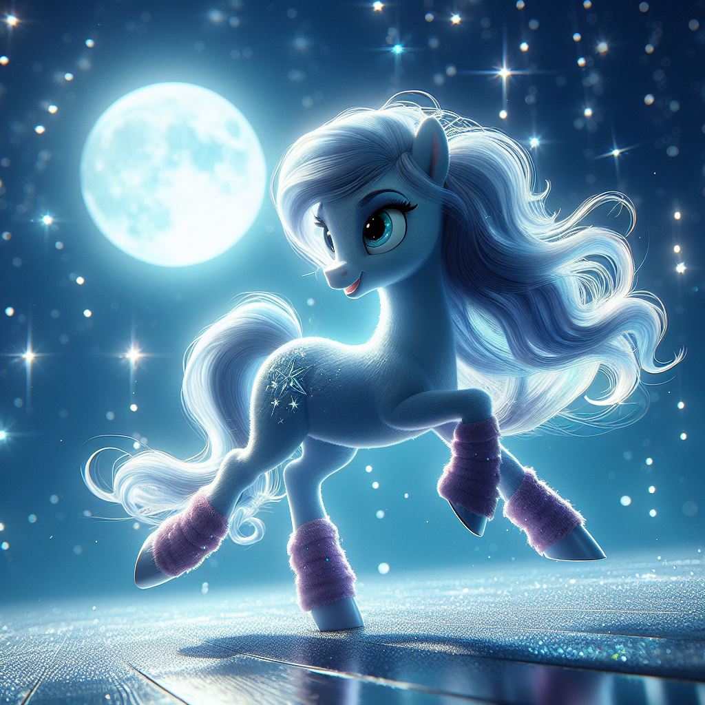 a pony with a coat that shimmered like the night sky and a mane that sparkled like diamonds. Dancing in a moonlit night