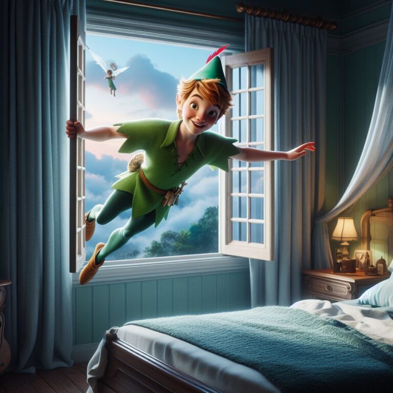 Peter Pan flew into the children's bedroom through the open window. He wore a green tunic, had a mischievous glint in his eye, and sported a feathered cap atop his head