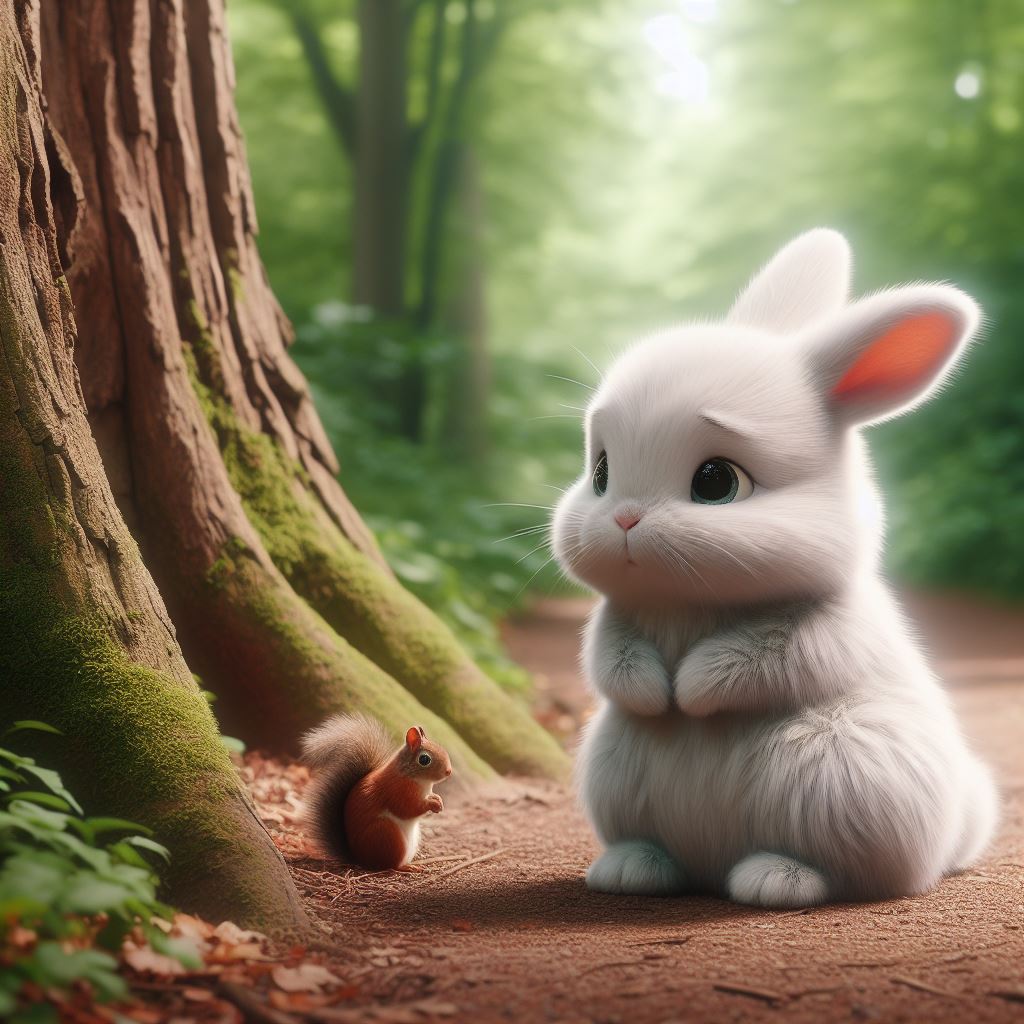a bunny is small, fluffy, and had the softest white fur standing in a forest path, a Squirrel, sitting under a tree with a sad expression on her face