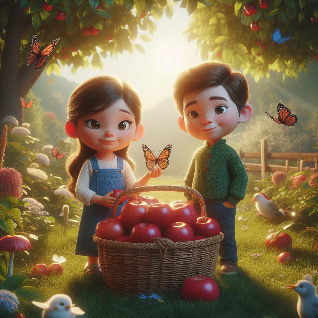 a girl and a boy aged five standing in a garden and butterfly everywhere, a basket filled with ripe apples is kept Infront of them