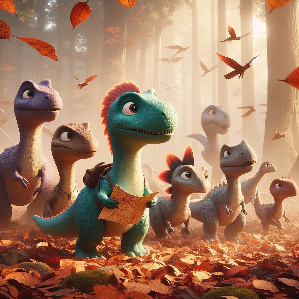 group of cute dinosours of various breed walking on a forest and has dry leaves , one of the dinosours has a map in hand
