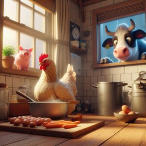 a hen is cooking in kitchen, a pig, a cow is watching from window