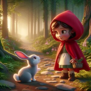 little red riding hood talking with a bunny in the forest path