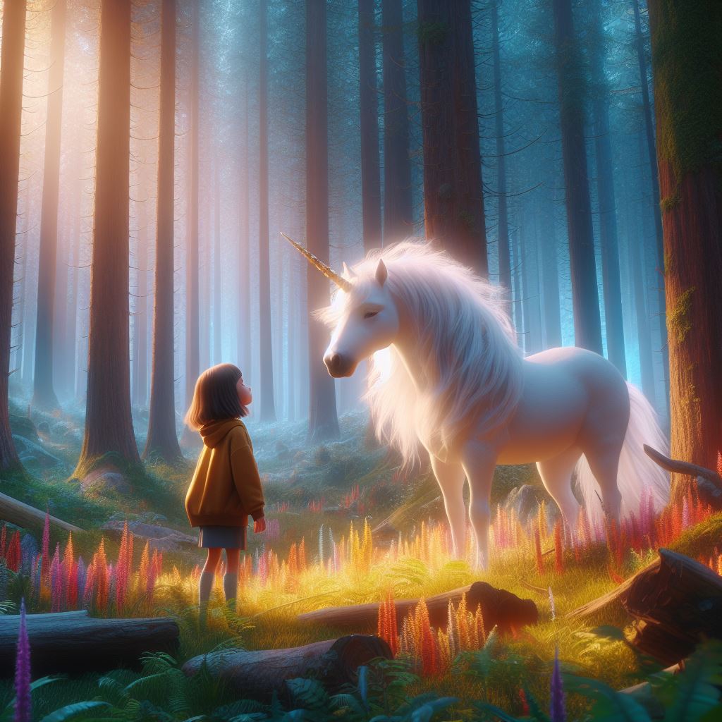 a girl in the forest exploring and looking at a unicorn, its coat as white as snow and its mane shimmering like a rainbow