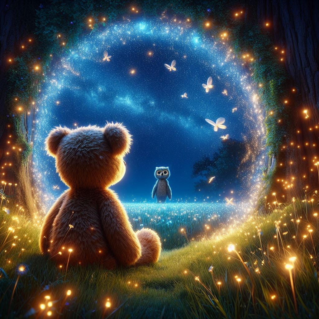 a teddy bear came through a portal and found a wondrous starlit meadow. The grass beneath his paws twinkled with tiny, glowing specks. Fireflies danced in the air, creating a magical ballet of light. In the center of the meadow stood a wise old owl