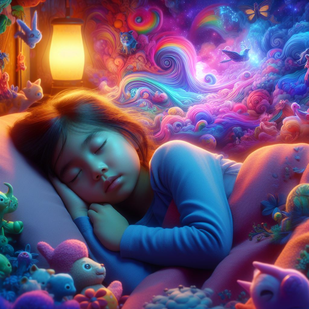 a girl aged 6 sleeping and dreaming vibrant colors