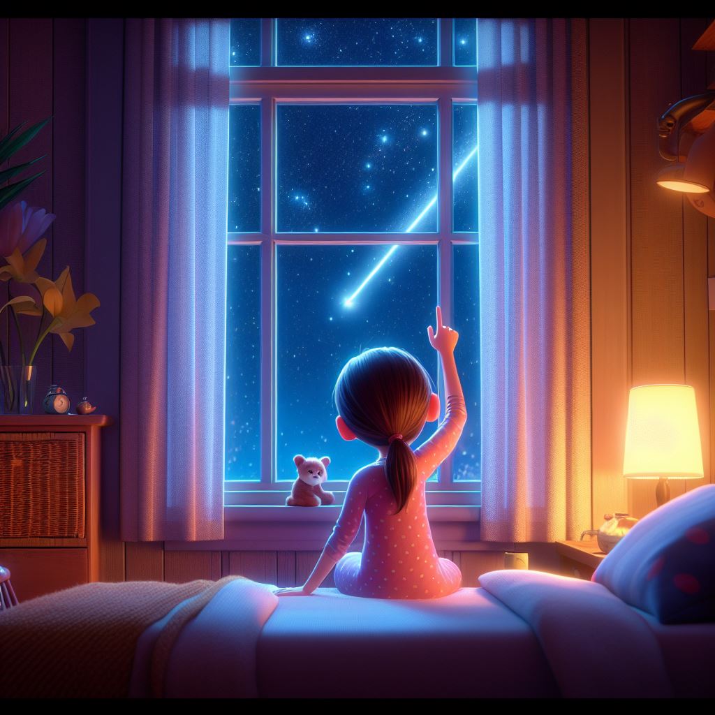 a girl watching a shooting star from her window and wishing for it