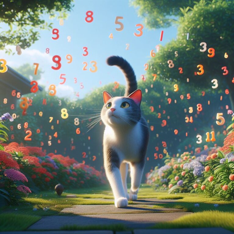 a cat roaming around a garden, numbers are floating around the cat