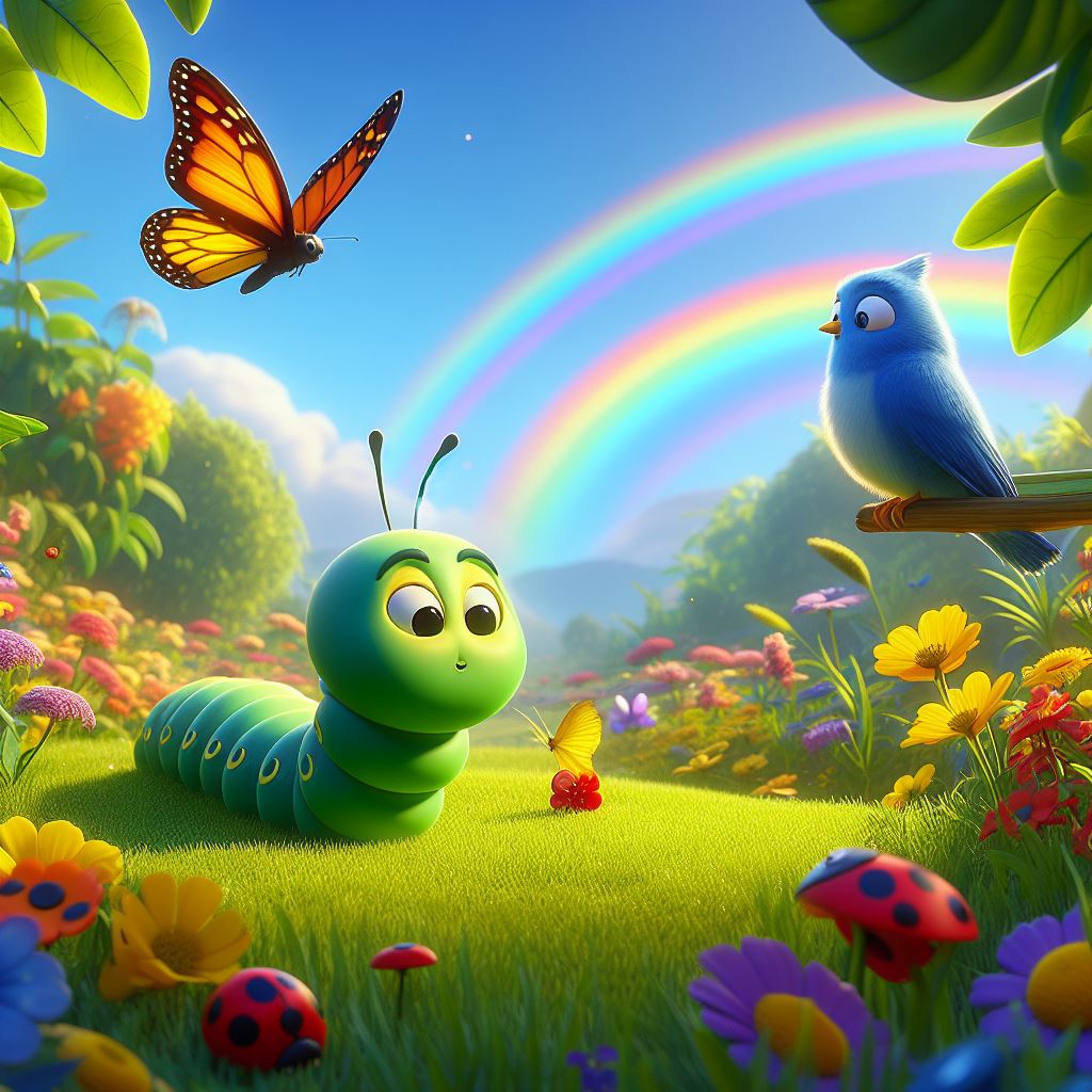a caterpillar in green garden looking at a red ladybug, and a yellow butterfly and a blue bird . Far in the horizon there a rainbow is visible