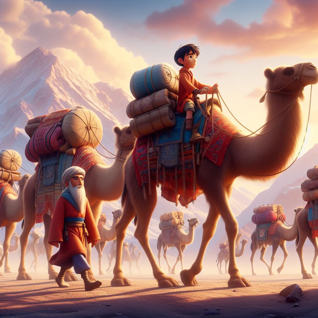 a boy Marco polo, his father and his uncle With their belongings packed tightly onto camels, riding the fabled Silk Road, an ancient trade route that connected the East and West, stretching across deserts, mountains, and bustling cities
