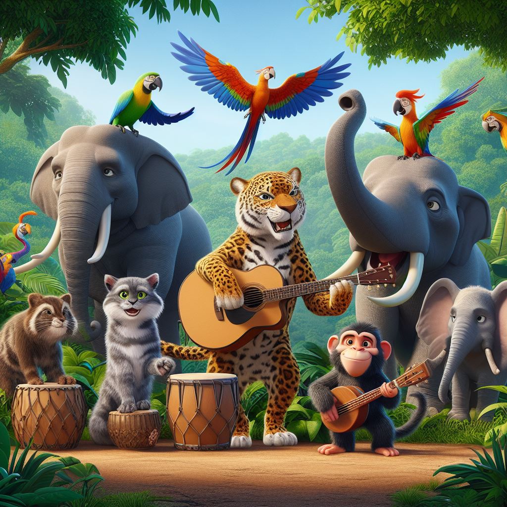 animals of the jungle including a jaguar, monkey, elephant, parrot jamming together