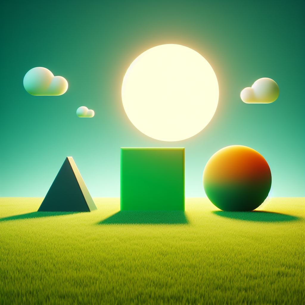 three shapes on a green field, a square, a triangle, a circle